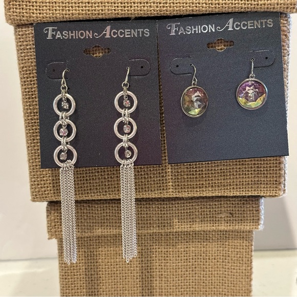 NWT 2 Pair of Fashion Accents Earrings silver tone fish hook dangles - Picture 1 of 11